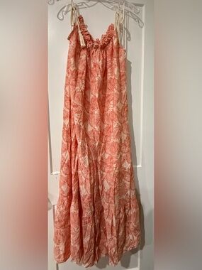 Coral Leaf Print Maxi Sundress with Rope Straps